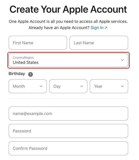 创建 Apple 账户的表单